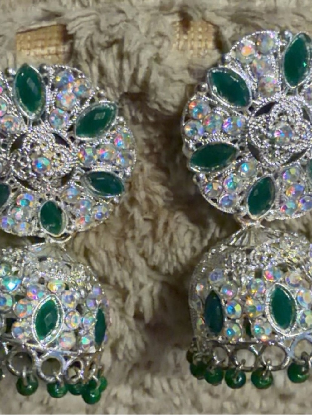 Silver-Tone Green Crystal Jhumka Earrings